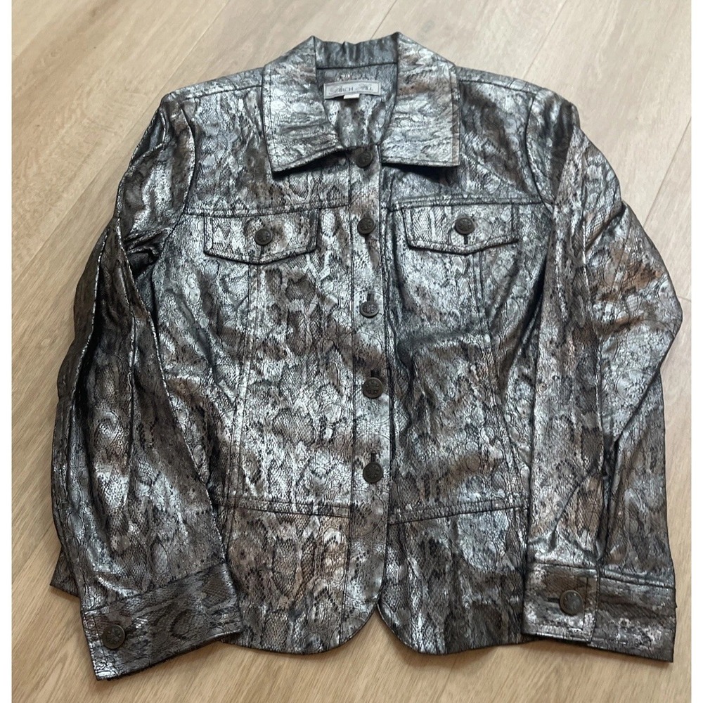 Vintage Birch Hill Trucker Jacket Metallic Snake Skin Women's Medium Silver Y2K